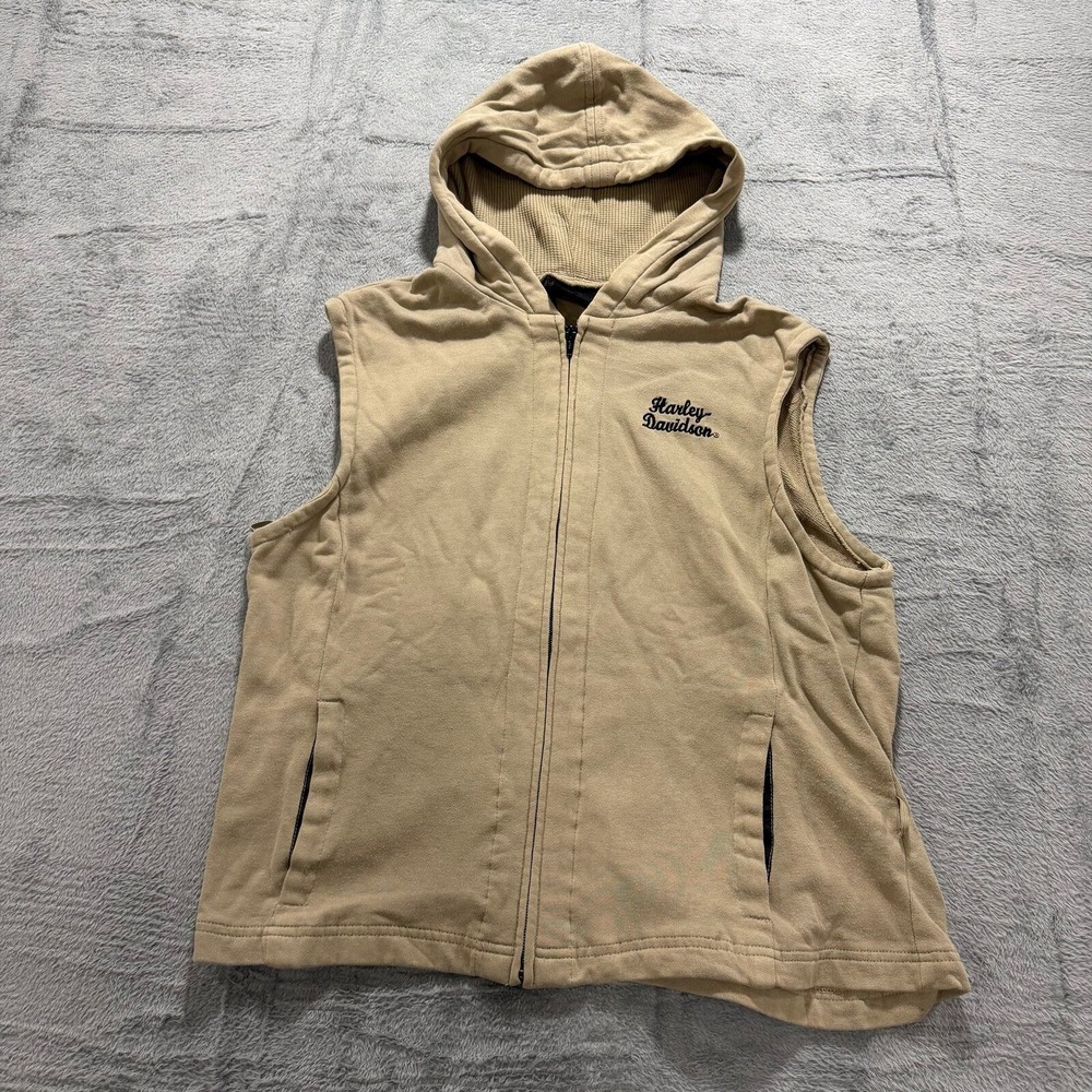 Harley Davidson XL Tan Womens Hooded Zip Up Vest Casual Vintage Biker Moto - Picture 2 of 8